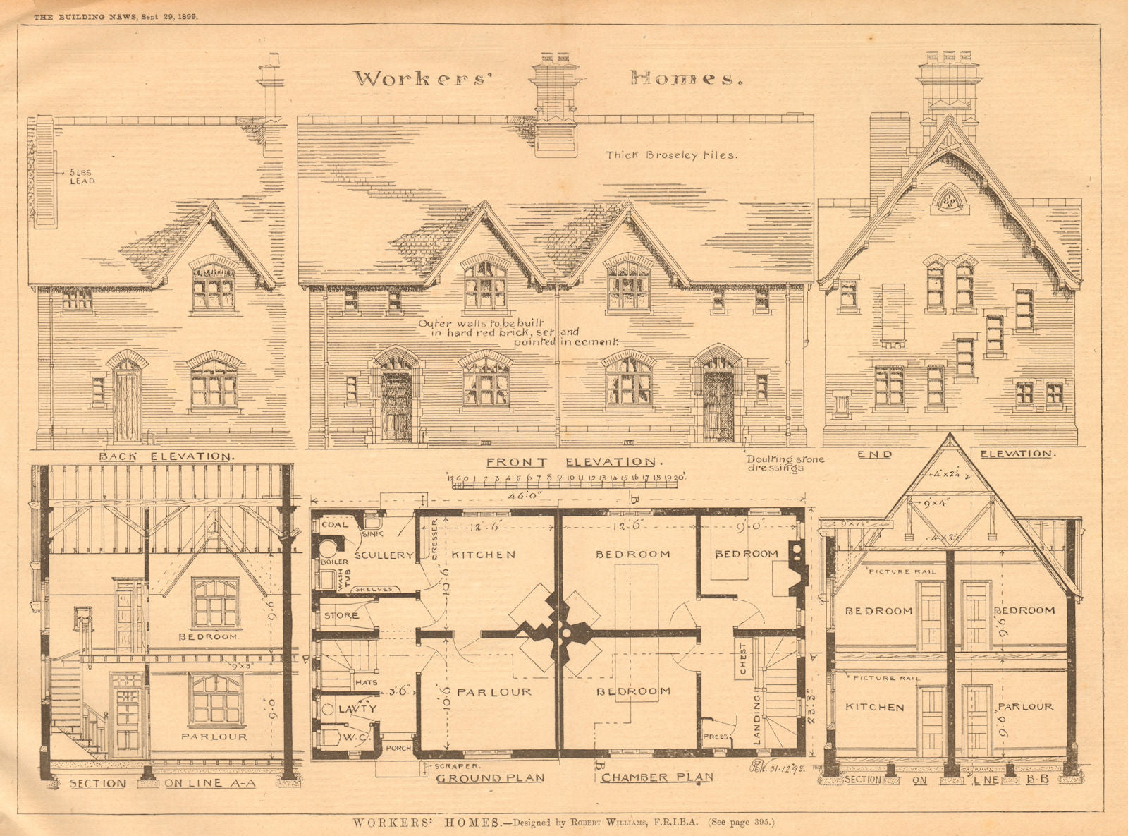 Workers' Homes - Designed by Robert Williams, F.R.I.B.A.. 1899 old print